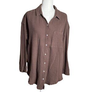 Aerie Oversized Shirt Button Brown Cotton Cover Up Tunic Top Coastal Womens S